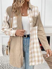 SHEIN LUNE Của phụ nữ Khối màu Kẻ sọc Áo khoác - Màu Khaki - Xem 1