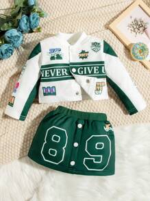 SHEIN Baby Girls' Letter Printed Jacket And Skirt Matching Set - Green - View 1