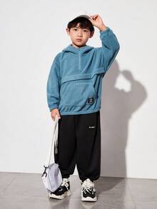 SHEIN Boys' Casual Comfortable Zipper Hooded Sweatshirt With English Woven Label, Autumn - Blue - View 4