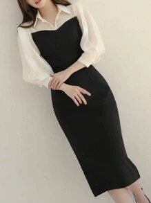 DAZY Váy sơ mi phối màu dành cho nữ - Đen và trắng - Xem 6