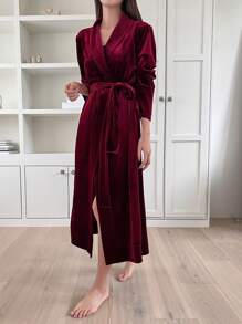DAZY 女士纯色丝绒睡袍，秋季、冬季、圣诞节、新年 - 酒紅色 - 查看 5