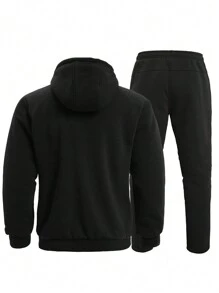 Men's Letter Embroidery Zipper Hoodie And Pants Set With Thermal Lined - Army Green - View 2