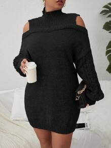 SHEIN Clasi Women's Plus Size High Neck Shoulder Cut-out Solid Color Sweater Dress - Black - View 5