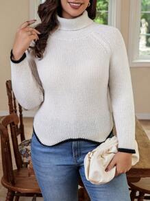 Calvaya Áo len cổ cao tay raglan viền tương phản, kiểu dáng chui đầu, thích hợp cho mùa thu đông. - Màu be - Xem 3