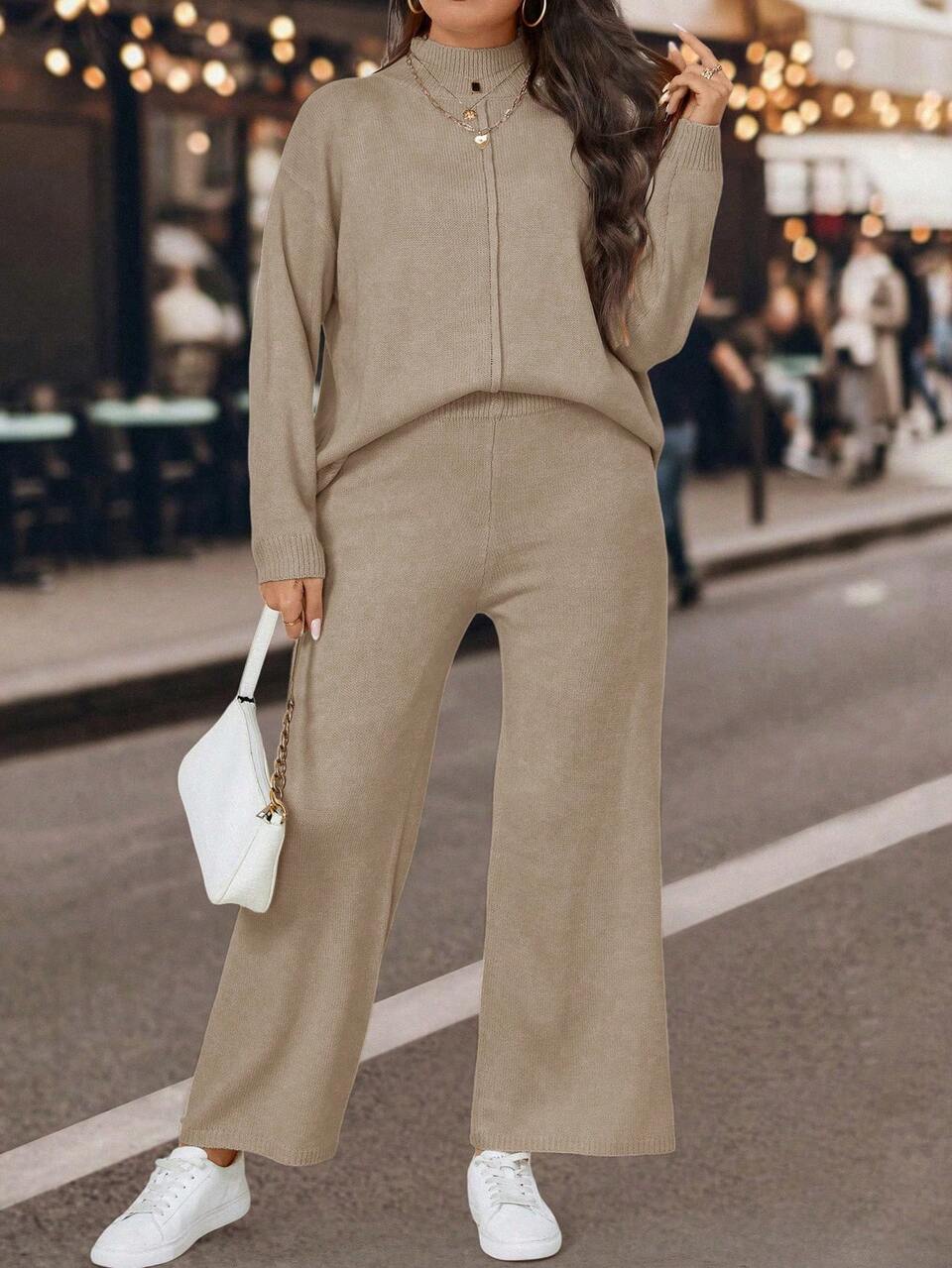2pcs Solid Color Stand Collar Long Sleeve Sweater And Pants Set Winter Fall Autumn