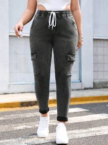 SHEIN EZwear Plus Drawstring Waist Flap Pocket Side Cargo Jeans - Grey - View 5