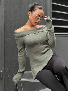 Chiquease 女式不對稱下擺露肩毛衣 - 棕色 - 查看 4