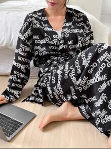 DAZY 1pc Letter Graphic Belted Robe and 1pc Pants PJ Set - Black and White - View 4