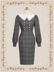 SHEIN DECDS Của phụ nữ Kẻ sọc Tay áo lồng đèn Khối màu Babydoll Vòng cổ Đầm Với Trang trí ren Nút Chi tiết - Nhiều màu - Xem 3