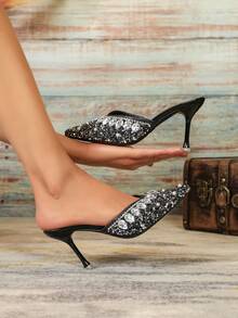 高跟尖头水钻装饰穆勒凉鞋，新款百搭派对休闲一脚蹬 - 彩色 - 查看 4