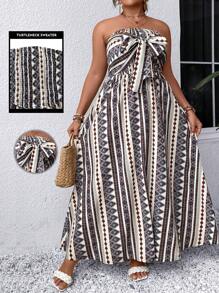 Breezaya Plus Allover Print Knot Front Tube Dress - Multicolor - View 1