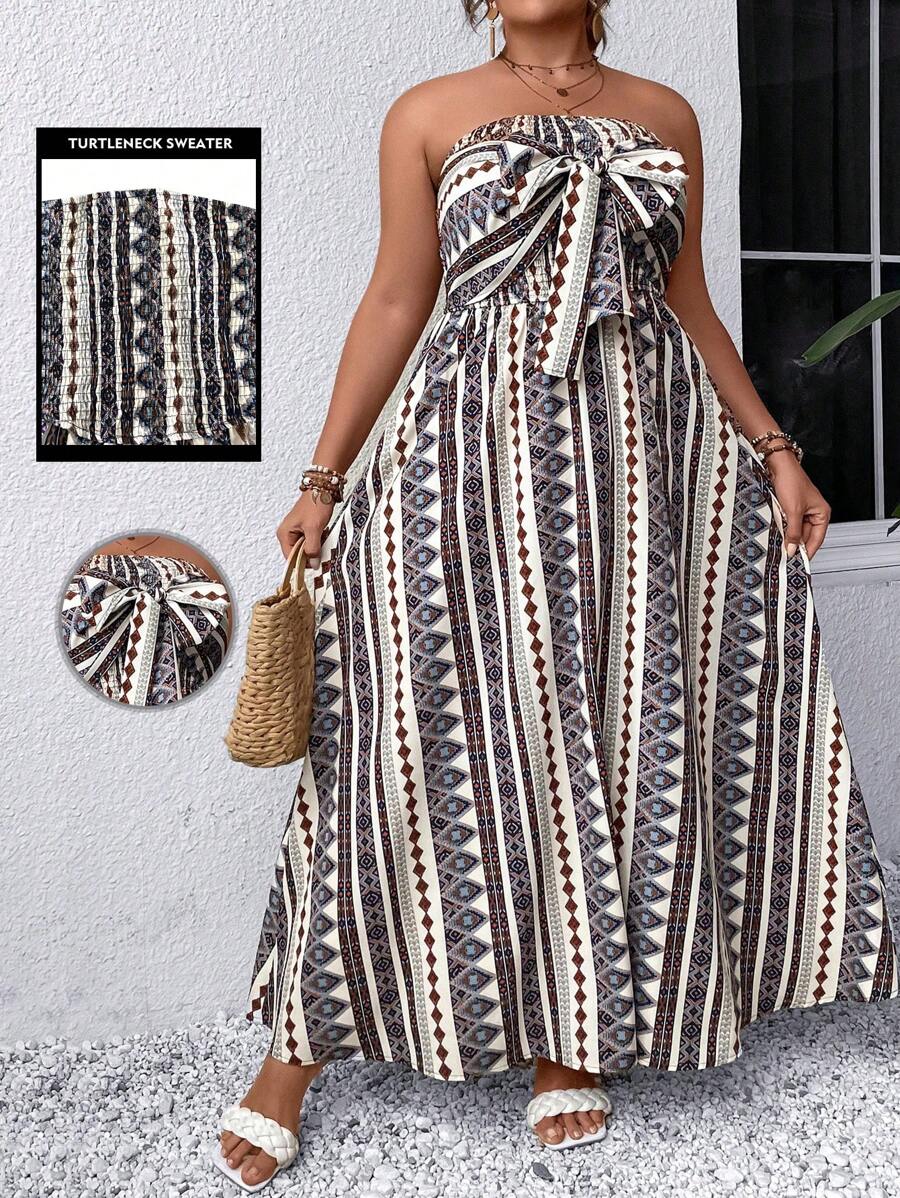 Breezaya Plus Allover Print Knot Front Tube Dress - Multicolor - View 1