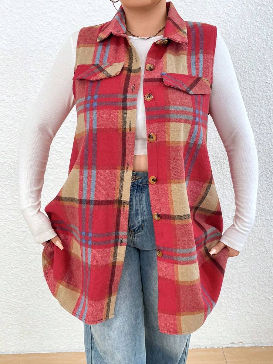 Calvaya Plus Plaid Print Flap Detail Sleeveless Coat - Multicolor - View 1