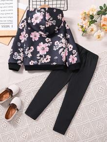 SHEIN Young Girl Floral Print Hooded Jacket & Leggings - Black - View 2