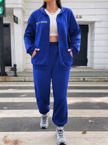 Flirla 大尺碼2入組帶有字母印花設計,帶束口帽的連帽衫和長褲 - 寶藍色 - 查看 4