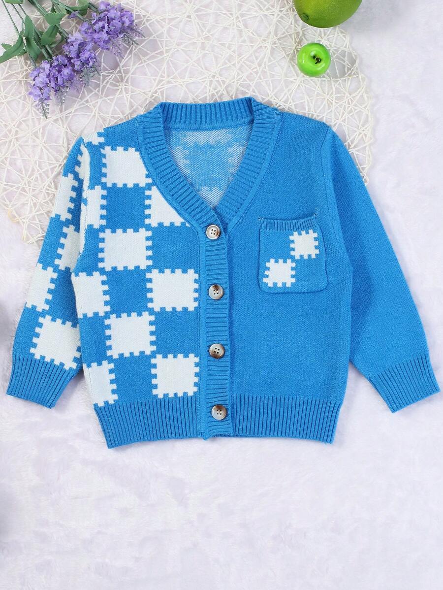 嬰兒男童色塊釦扣羊毛衫 - 藍色 - 查看 1