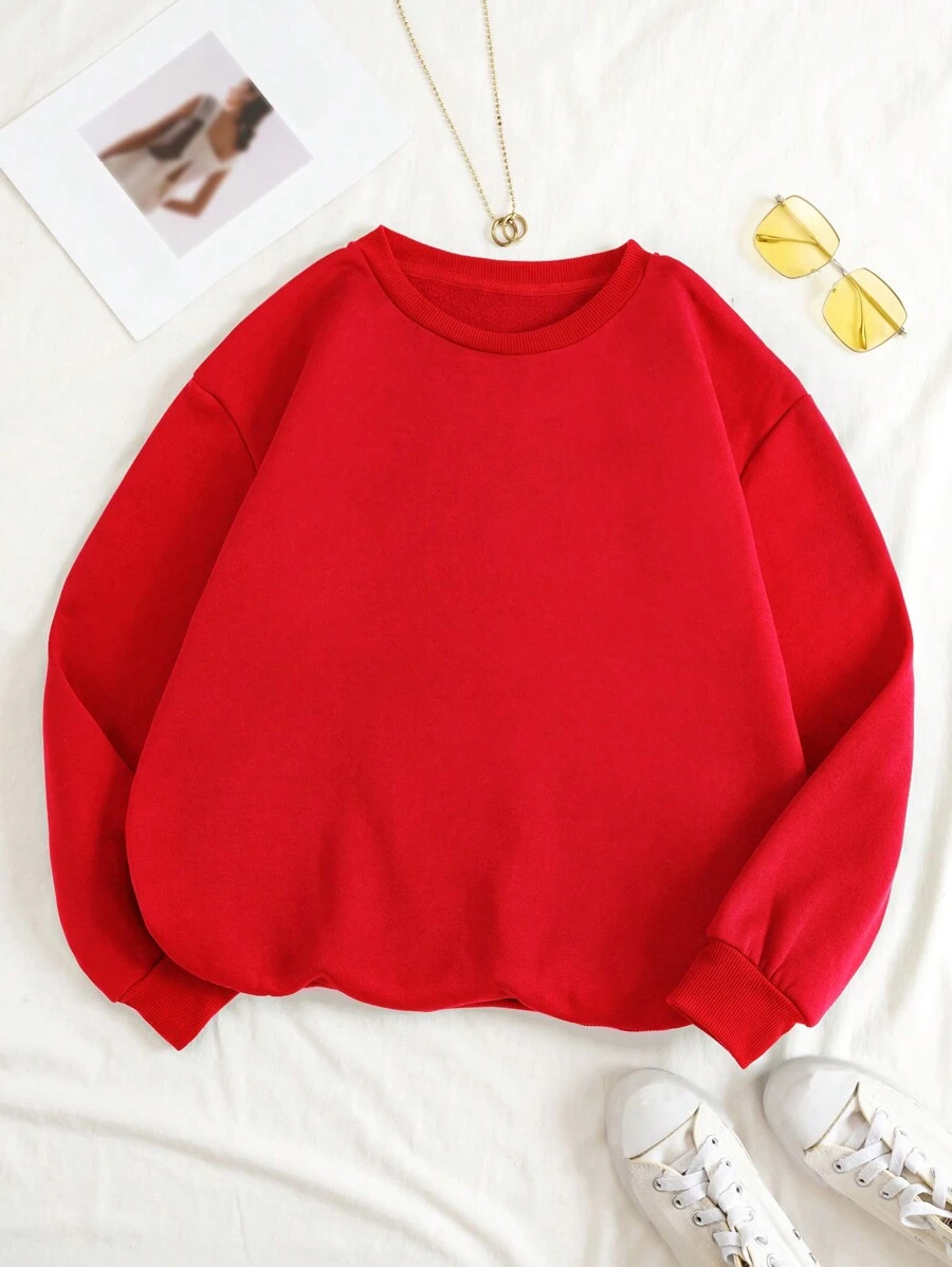 SHEIN EZwear 女士纯色圆领卫衣,适合毕业季、返校季、教师节等场合,秋季返校套头衫 - 紅色 - 查看 1