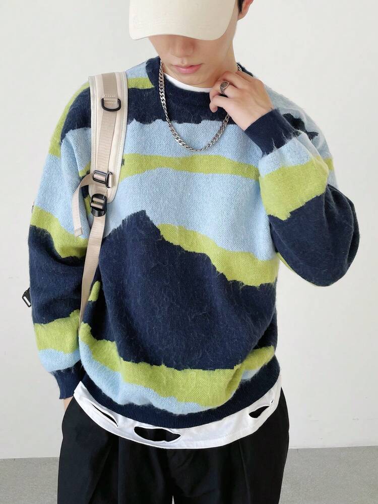 Men's Extra Loose Color-Block Drop-Shoulder Round Neck Sweater