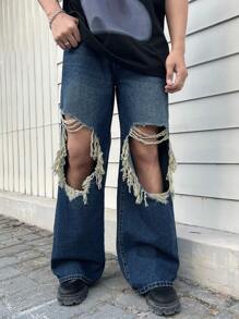 Manfinity Roghcode Men's Distressed Wide Leg Jeans With Washed Effect - Blue - View 1