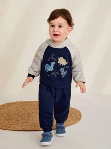Baby Boy Dinosaur Print Raglan Sleeve Hoodie & Sweatpants - Navy Blue - View 3