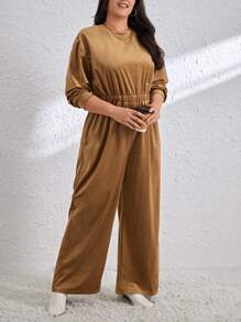 SHEIN Essnce Plus Size Velvet Loose Jumpsuit - Khaki - View 3