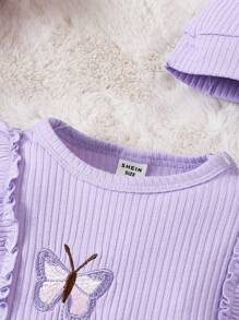 Baby Girl Butterfly Patched Ruffle Trim Footed PJ Set & Hat Holiday Travel Releax Summer Clothes Cotton - Purple - View 3
