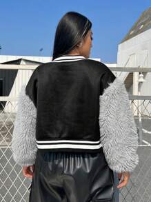 SHEIN EZwear Hơn Thư được vá Sọc trang trí Thả vai Áo khoác - màu đen - Xem 2