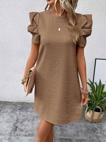 SHEIN Clasi Solid Ruffle Trim Dress Puff Sleeve Dresspuff Dresskhaki Dressdress Mochashort Sleeve Dress - Brown - View 6