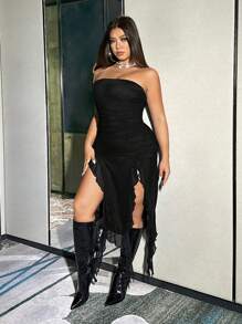 SHEIN ICON Váy hở vai xẻ cao viền ren cỡ lớn cho mùa hè - màu đen - Xem 1