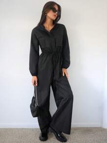 SHEIN Essnce 純色女式貨物工作服 - 黑色 - 查看 3