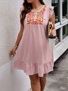 Plus Size Striped & Printed & Embroidered Patchwork Cap Sleeve Dress