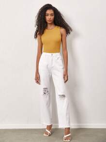 SHEIN BASICS Camiseta sin mangas casual de color liso con cuello redondo y textura acanalada para mujer, verano - Mostaza Amarilla - Ver 3