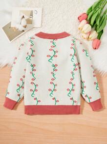 Baby Girls' Flower Pattern Round Neck Cardigan With Floral Lace & Button Design - Red Violet - View 2