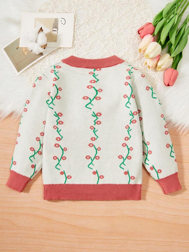 Baby Girls' Flower Pattern Round Neck Cardigan With Floral Lace & Button Design