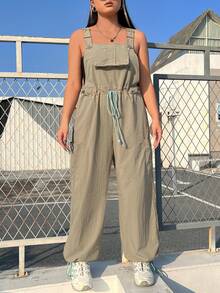 SHEIN EZwear Talla grande Mono overol de cintura con cordón con bolsillo con solapa sin top tubo - Verde militar - Ver 6