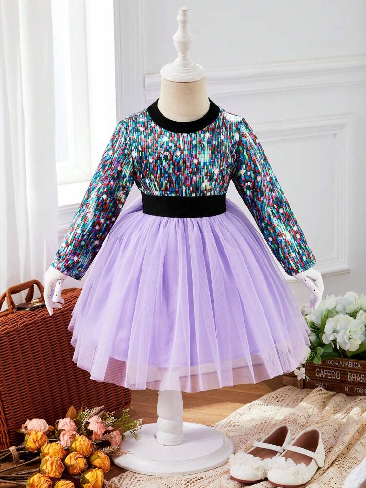 Baby Girl Colorful Sequin Design Dress For Autumn And Winter