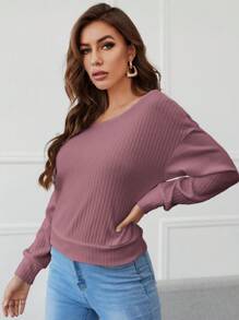 SHEIN Essnce Cổ không đối xứng Thả vai Gân đan Áo chui đầu - Bụi hồng - Xem 5