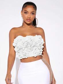 SHEIN SXY Appliques Detail Crop Tube Top Bachelorette Party Valentine Day Spring Women Clothes 3D Rose Going Out Tops - White - View 4