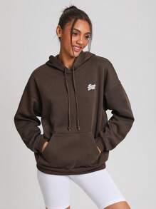 Plummies Artist Women's Hooded Sweatshirt With Letter Print And Drawstring, Festival - Coffee Brown - View 3