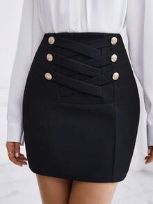 SHEIN Privé Của phụ nữ Vượt qua Nút Trang trí Váy - màu đen - Xem 5