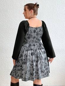 Flirla Plus Floral Print Lace Up Front Lantern Sleeve Dress - Multicolor - View 2