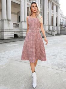 SHEIN Privé 女式長袖格子外套和連身裙套裝 - 紅色 - 查看 6