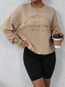 SHEIN Essnce Thêu Chữ Thả vai Áo nỉ - Màu Khaki - Xem 4