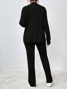 Chiquease Ribbed Textured Button Front Cardigan Sweater Set - Black - View 2