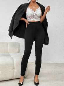 SHEIN Privé Women's Back Zipper Slim Fit Long Pants - Black - View 4