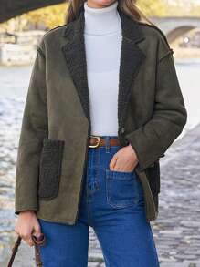 SHEIN Frenchy Women's Thermal Lined Faux Suede Jacket - Green - View 4