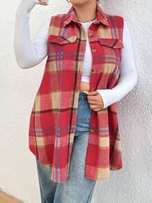 Calvaya Plus Plaid Print Flap Detail Sleeveless Coat - Multicolor - View 3