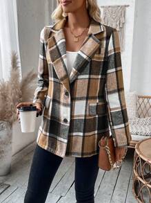 SHEIN LUNE 女士格紋翻領西裝外套 - 卡其色 - 查看 4