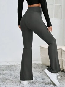 SHEIN PETITE 重疊腰喇叭褲 - 深灰色 - 查看 2