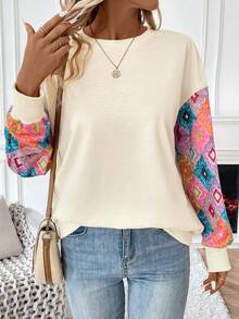 SHEIN LUNE Sudadera con estampado geométrico de hombros caídos - Albaricoque - Ver 3